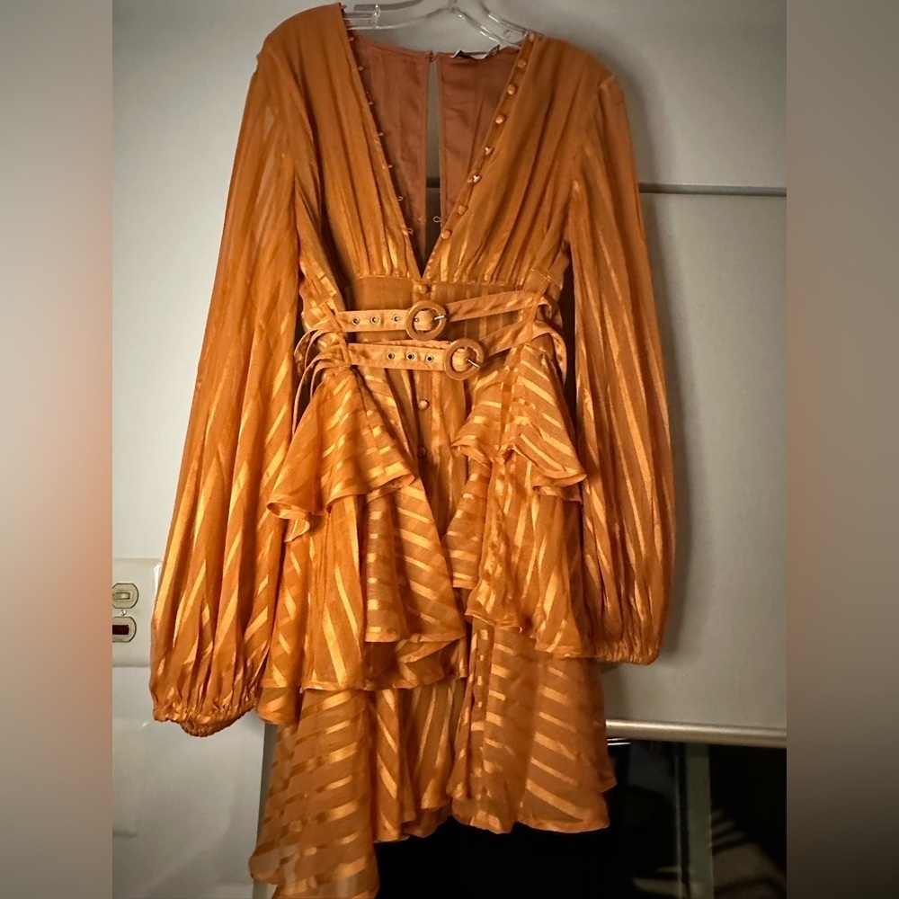 Layered orange satin minidress plunge button front tiered skirt belted waist